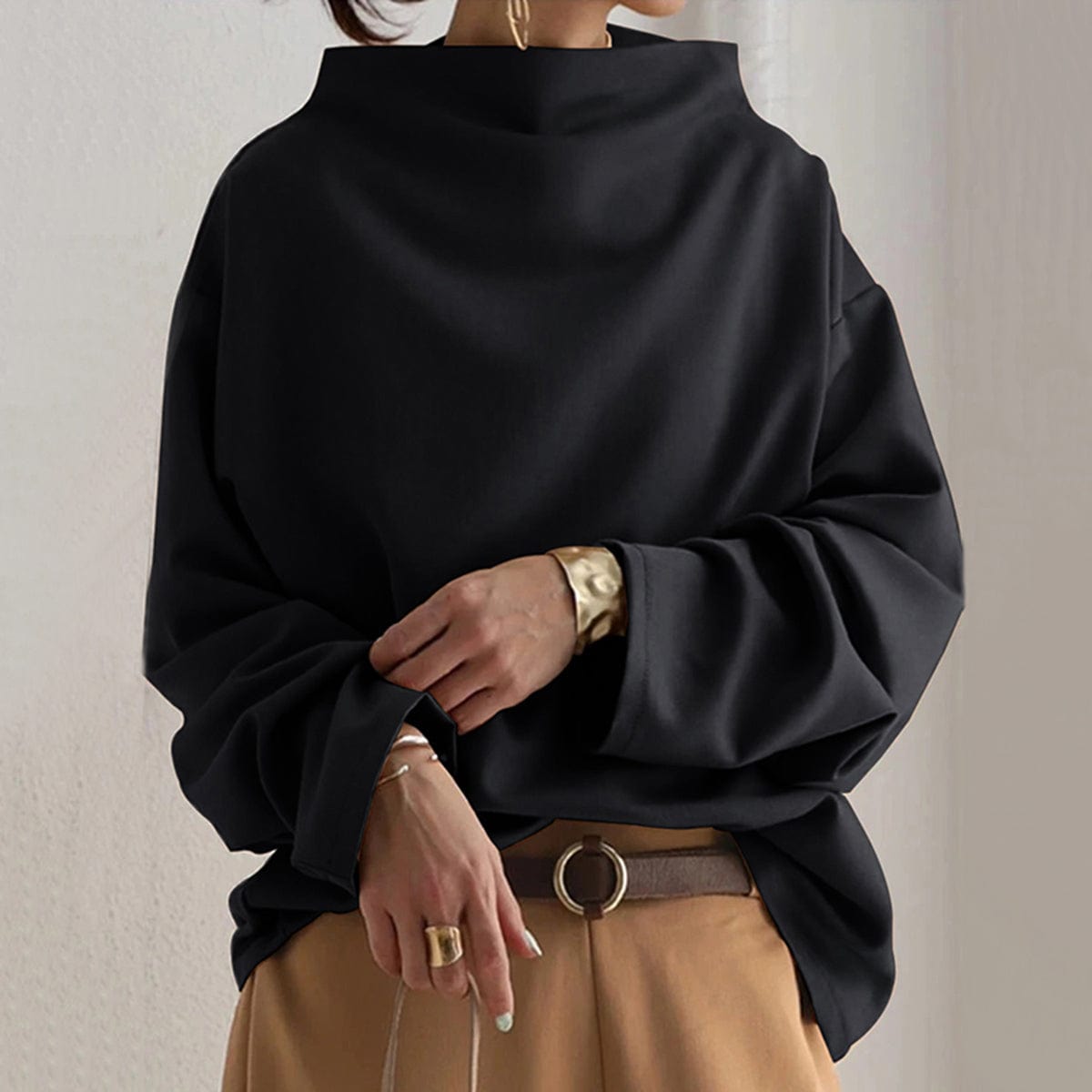 Rachel Lumina women's high-neck top with long sleeves, elegant design, in a soft fabric, perfect for stylish casual or formal wear.