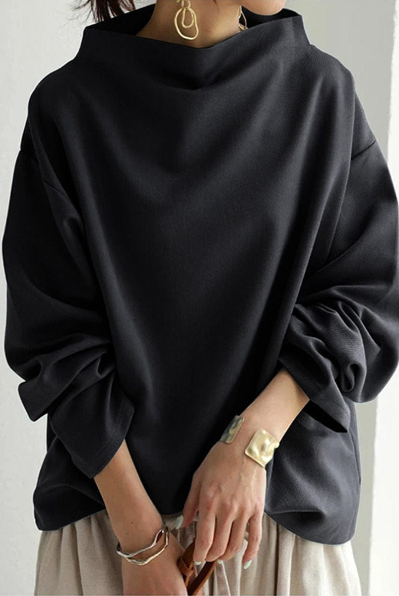 Rachel Lumina Wear elegant high-neck long sleeve women's top featuring a fitted silhouette and soft fabric in a neutral color.