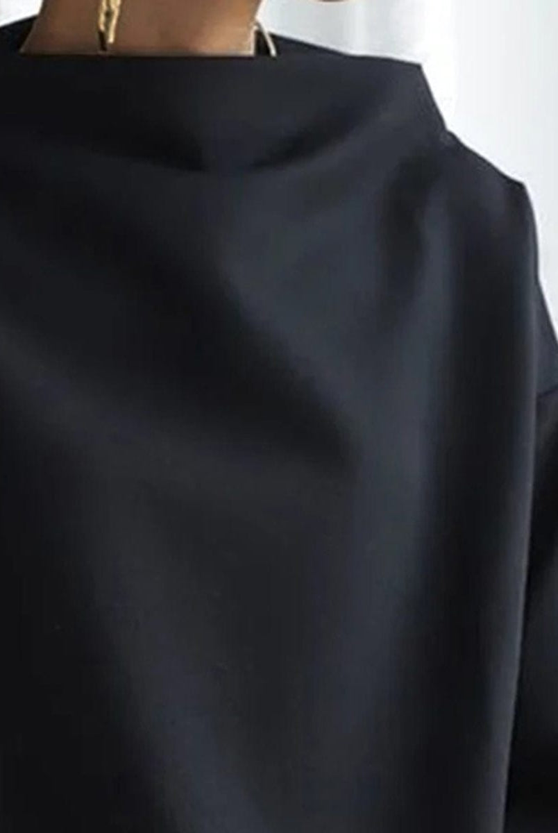 Elegant high-neck women's top by Lumina Wear featuring long sleeves, styled with a sleek fit and sophisticated design.