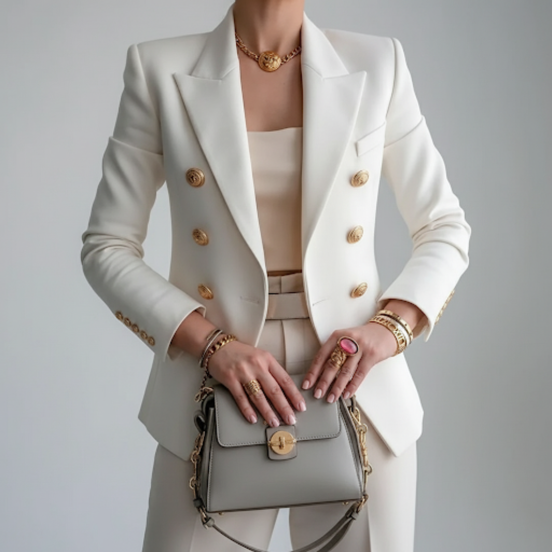 Sarah Lumina Wear fitted blazer with gold buttons, tailored design, and classic collar, perfect for professional or formal attire.