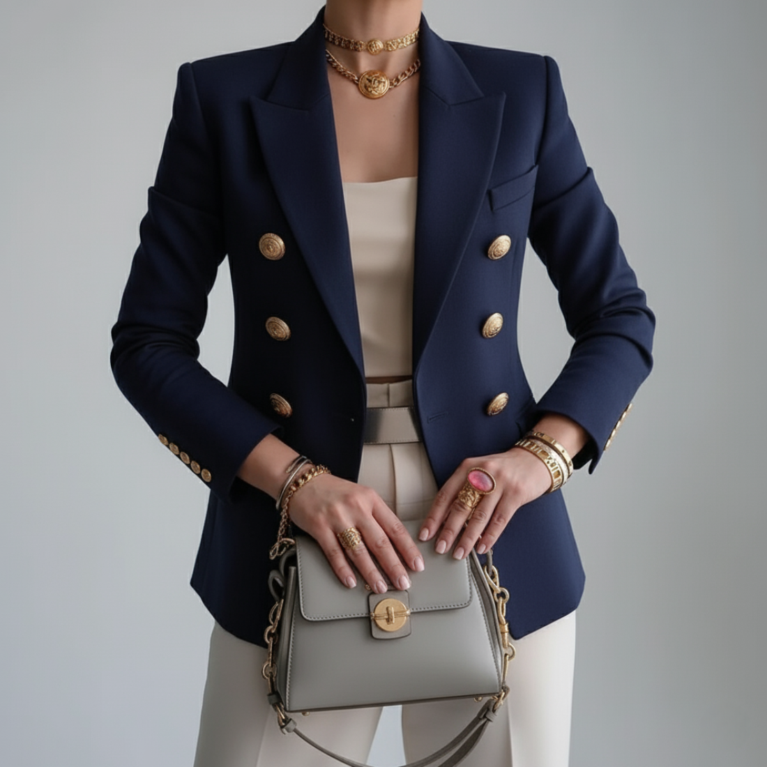 Sarah Lumina fitted blazer with gold buttons, tailored design and sleek style, perfect for professional or formal wear.