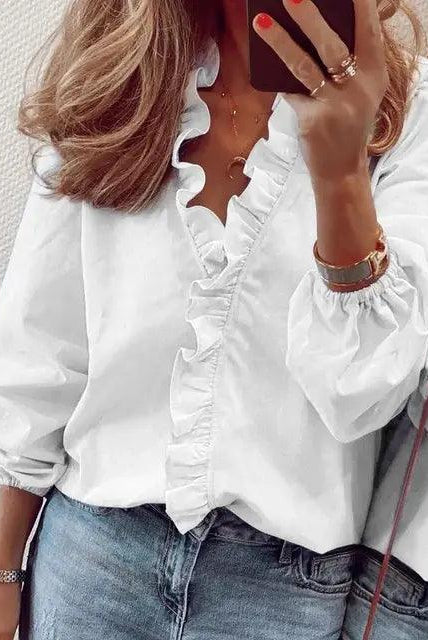 Lumina Wear Serena elegant ruffle detail blouse with V neck, featuring feminine design and stylish fabric for sophisticated look.