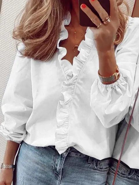 Lumina Wear Serena elegant ruffle detail blouse with V neck, featuring feminine design and stylish fabric for sophisticated look.