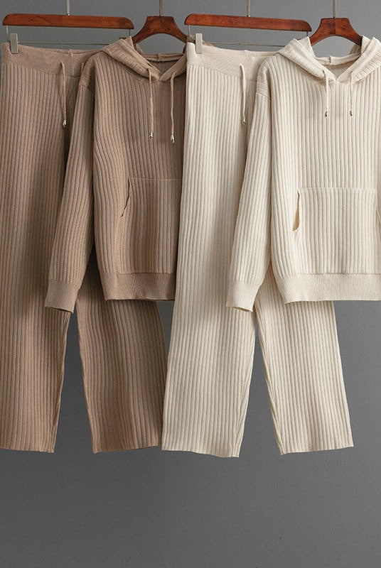 Lumina Wear Serena ribbed stretch cotton blend lounge set with drawstring hoodie, featuring comfortable loungewear style.