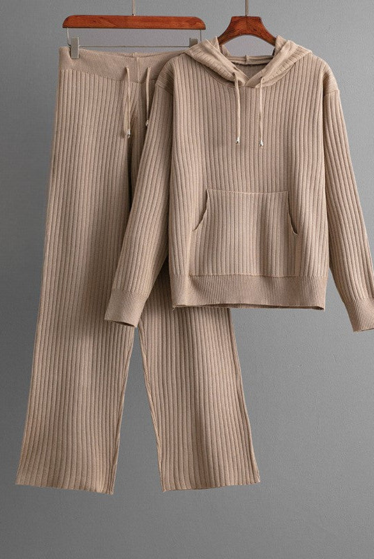 Serena Lumina Wear ribbed stretch cotton blend lounge set with drawstring hoodie, featuring a relaxed fit and comfortable design.