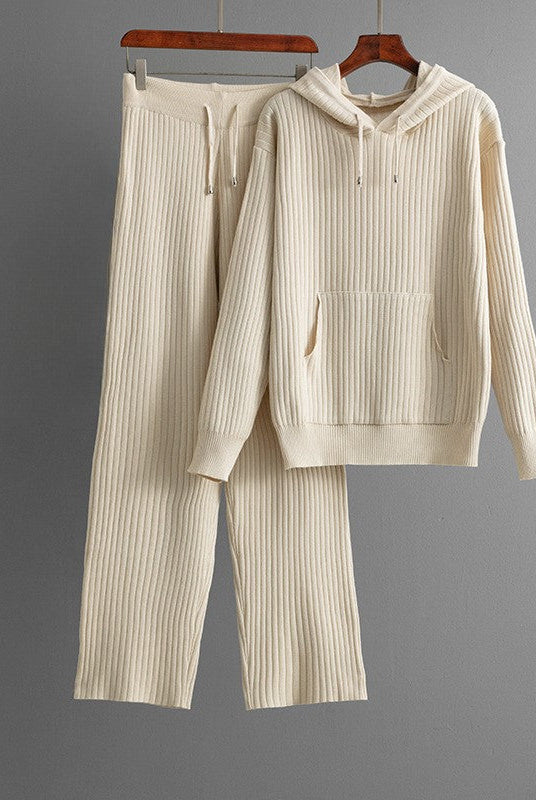Lumina Wear Serena ribbed stretch cotton blend lounge set with drawstring hoodie, comfortable loungewear for relaxed casual wear.