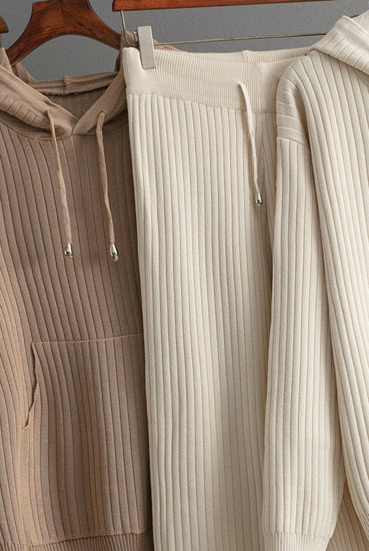 Lumina Wear Serena ribbed stretch cotton blend lounge set with drawstring hoodie, comfortable loungewear for relaxing.