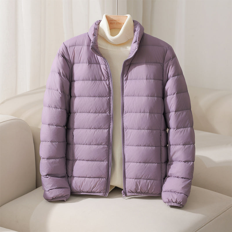 Lumina Wear Silva pastel lightweight insulated high collar jacket with a cozy design, perfect for cold weather.