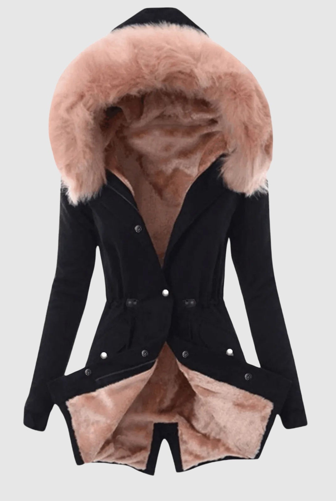 Sofia Amoretti cozy hooded parka by Lumina Wear featuring a sleek zipper closure and warm, stylish design.