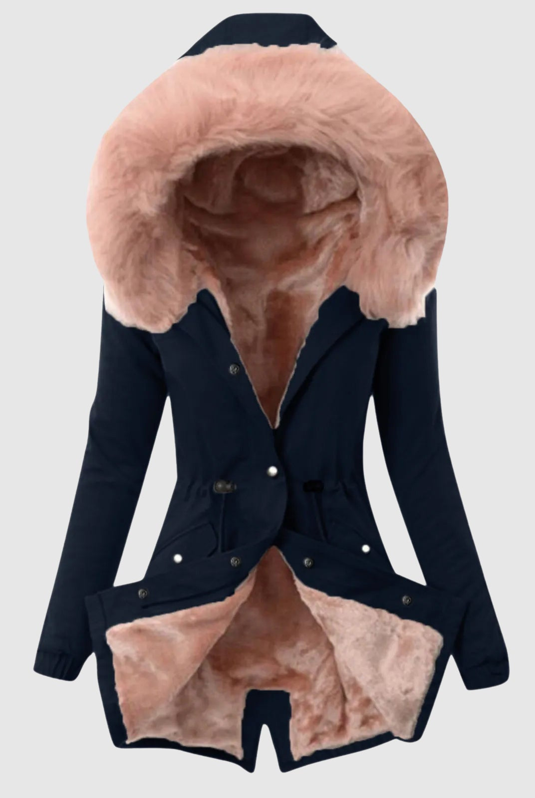 Sofia Amoretti Lumina cozy hooded parka with sleek zipper closure, featuring a warm, stylish design and practical hood.