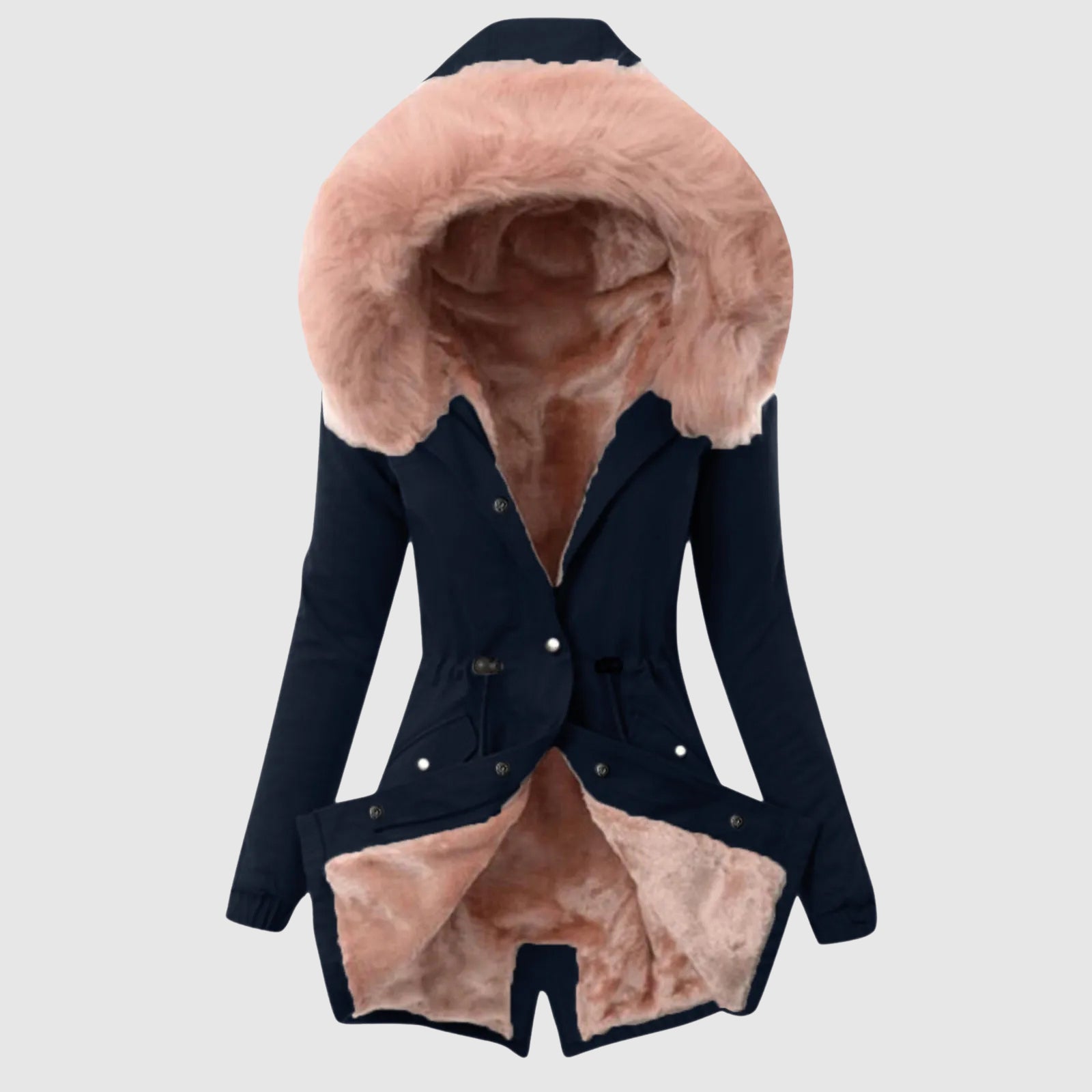 Sofia Amoretti Lumina cozy hooded parka with sleek zipper closure, featuring a warm, stylish design and practical hood.