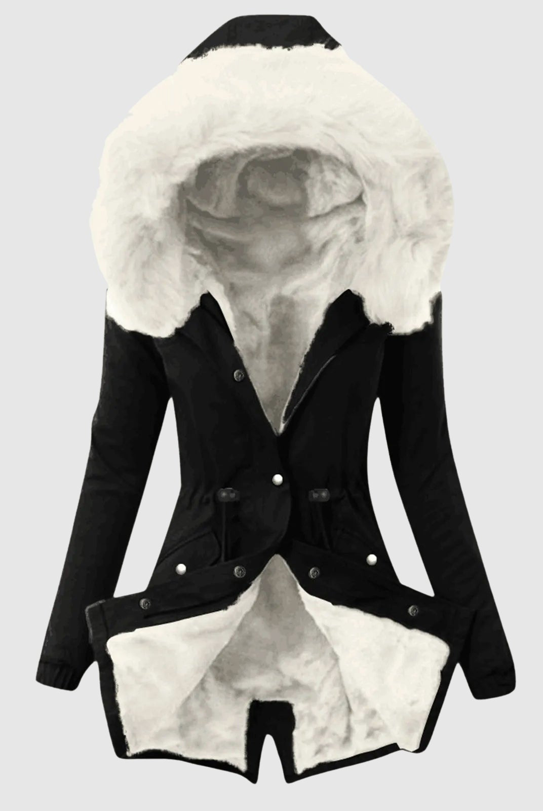 Sofia Amoretti cozy hooded parka by Lumina Wear featuring a sleek zipper closure and warm, stylish outerwear for cold weather.