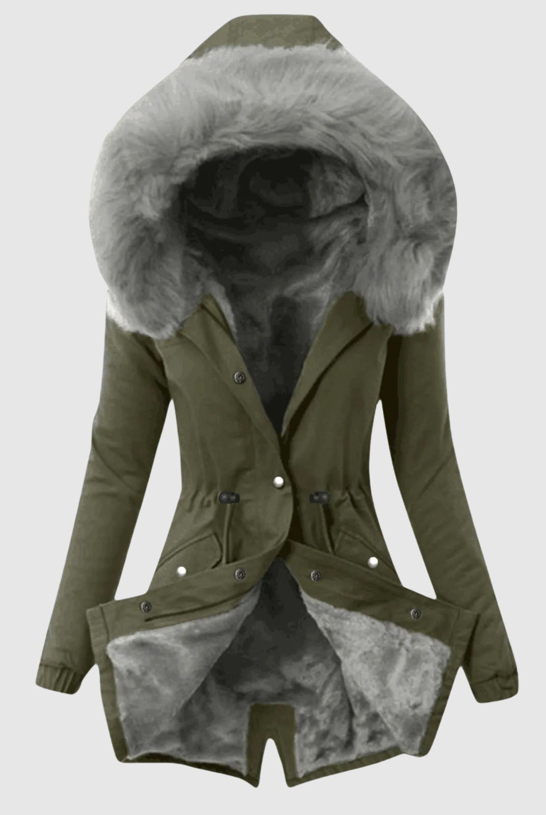 Sofia Amoretti cozy hooded parka with sleek zipper closure by Lumina Wear, featuring a warm, stylish design for cold weather.