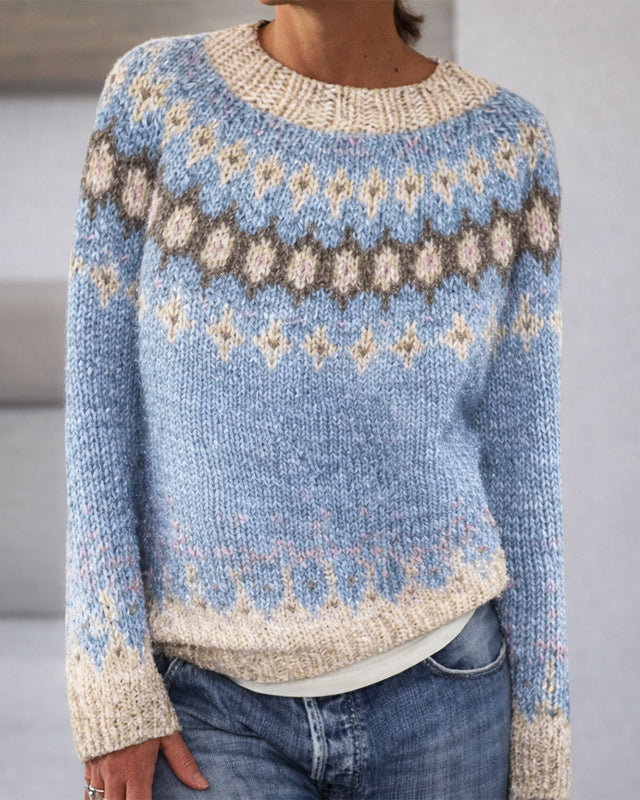 Sofia Amoretti Lumina knit sweater with patterned relaxed fit crewneck, featuring cozy, textured fabric and a stylish casual design.
