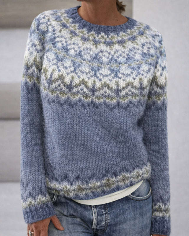 Sofia Amoretti Lumina knit sweater with patterned design, relaxed fit crewneck, soft fabric, casual and stylish clothing.