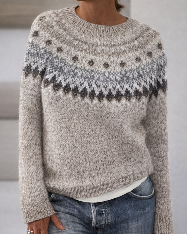 Sofia Amoretti Lumina knit sweater with a patterned relaxed fit crewneck, featuring soft fabric and stylish design.