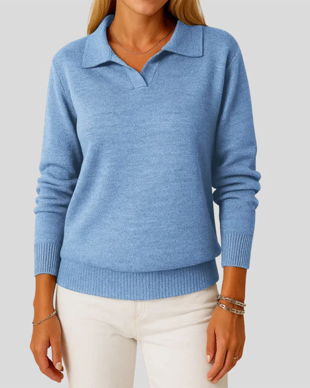 Lumina Wear Sofia Amoretti relaxed polo collar knit sweater with ribbed cuffs, shown in a cozy, casual fit.
