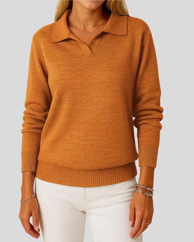 Lumina Wear Sofia Amoretti knit sweater with relaxed polo collar and ribbed cuffs, shown in a cozy, casual fit.