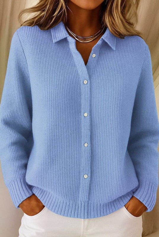 Lumina Wear Sofia collared knit cardigan with button-up front and clean closure, showcased in a cozy, stylish knit fabric.