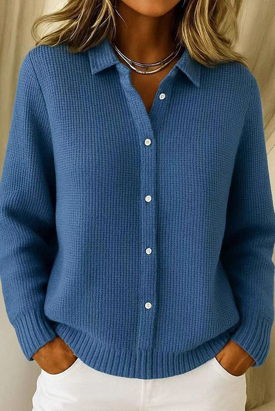 Lumina Wear Sofia collared button-up knit cardigan with clean front closure and ribbed cuffs, displayed against a neutral background.