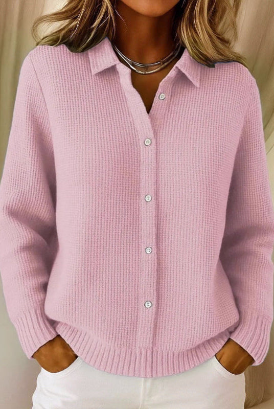 Lumina Wear Sofia collared button-up knit cardigan with clean front closure, shown in a cozy, stylish knit design.