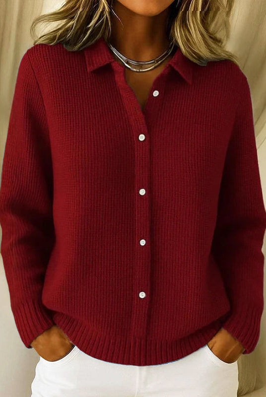 Lumina Wear Sofia collared knit cardigan with button-up front and clean closure, stylishly displayed on a hanger.