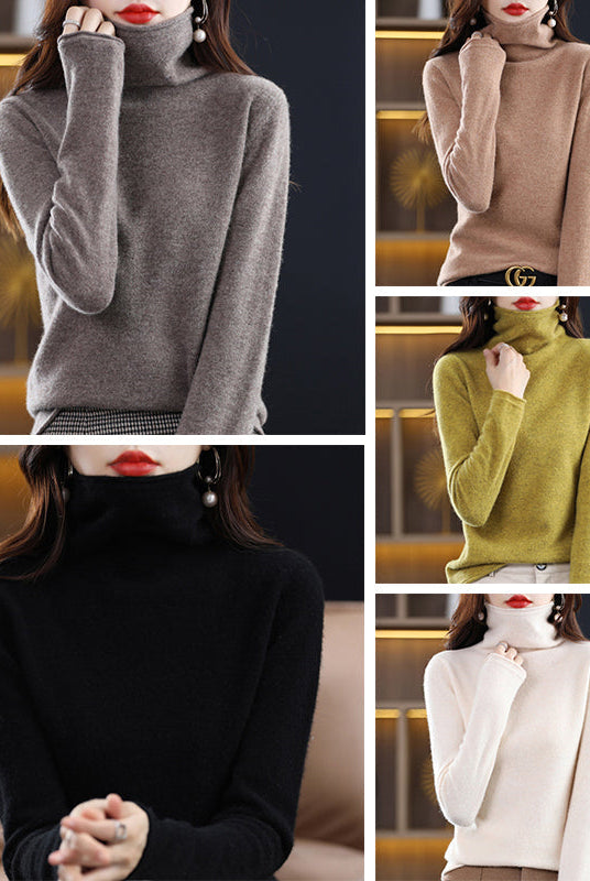 Lumina Wear Sofia cozy loose-fit sweater with stacked collar, displayed on a model, in soft knit fabric perfect for casual wear.