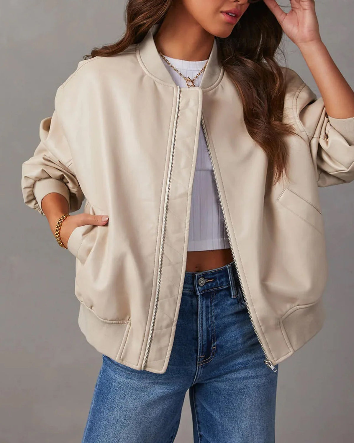 Sofia edgy faux leather jacket with sleek band collar by Lumina Wear, featuring a stylish collar and edgy design.