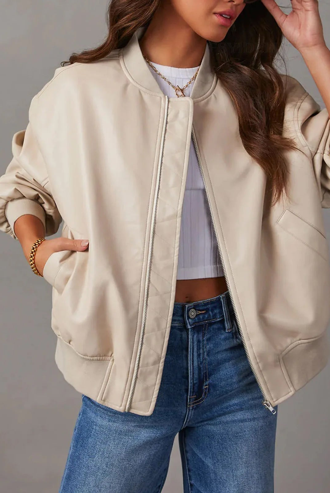 Sofia edgy faux leather jacket with sleek band collar from Lumina Wear, featuring a stylish design and modern fit.