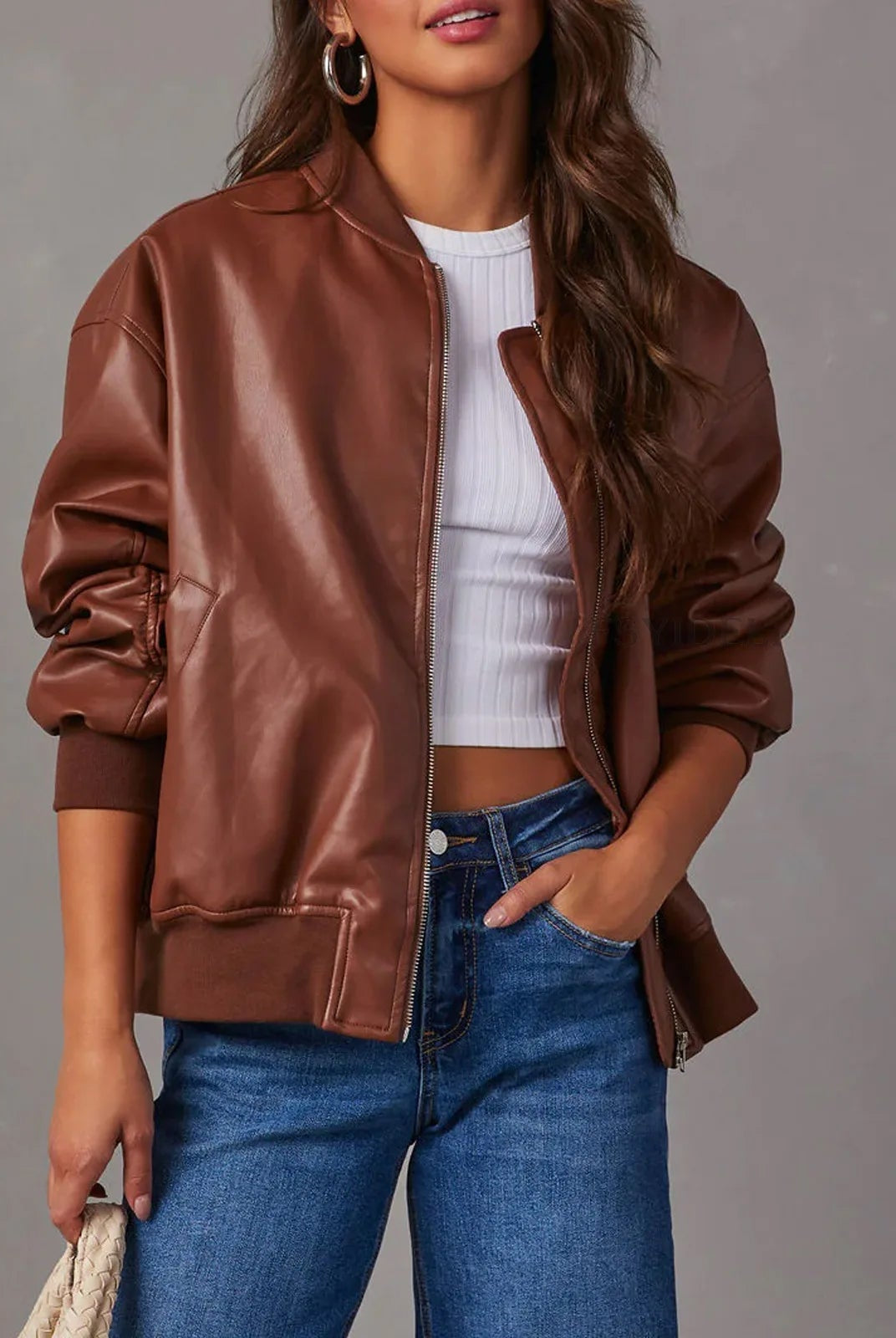 Sofia edgy faux leather jacket with sleek band collar from Lumina Wear, featuring a fitted design and stylish details.