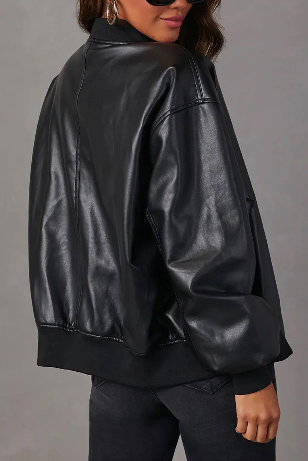 Sofia edgy faux leather jacket with sleek band collar by Lumina Wear, featuring stylish design and modern silhouette.
