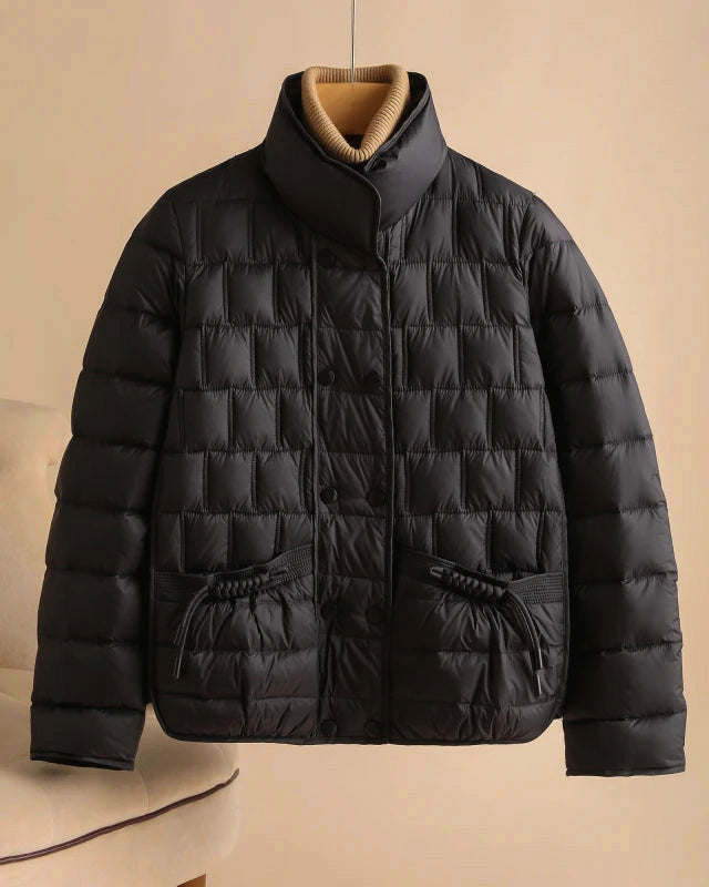 Elegant Lumina Wear Sofia double-breasted insulated women's jacket in broadcloth, shown in a stylish, fitted design.