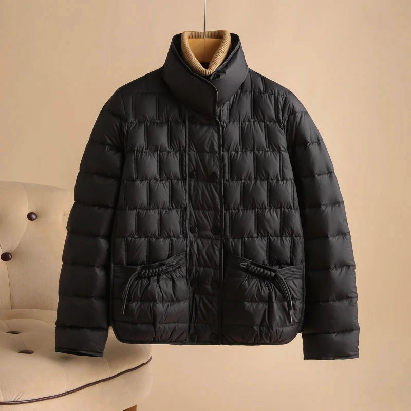 Lumina Wear Sofia insulated women's double-breasted broadcloth jacket, stylish and warm with a tailored fit.