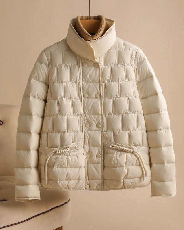Lumina Wear Sofia elegant double-breasted insulated women's jacket in broadcloth, showing a stylish, warm outerwear design.