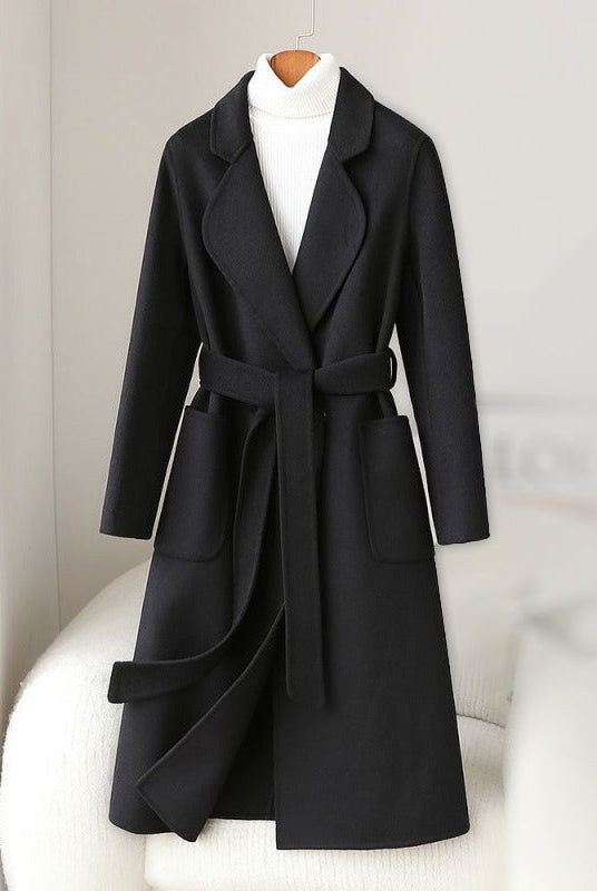 Lumina Wear Sofia monochrome wool coat with waist belt, women's stylish winter outerwear, elegant and warm coat for cold weather.