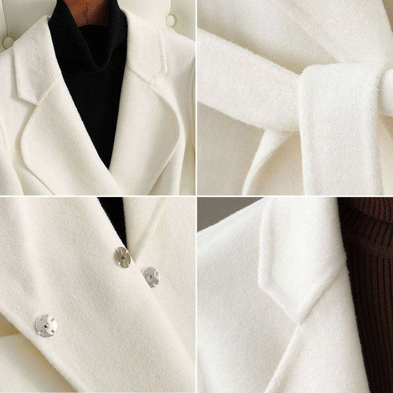 Elegant monochrome wool coat with waist belt from Lumina Wear, styled on a woman, showcasing sophisticated winter outerwear.