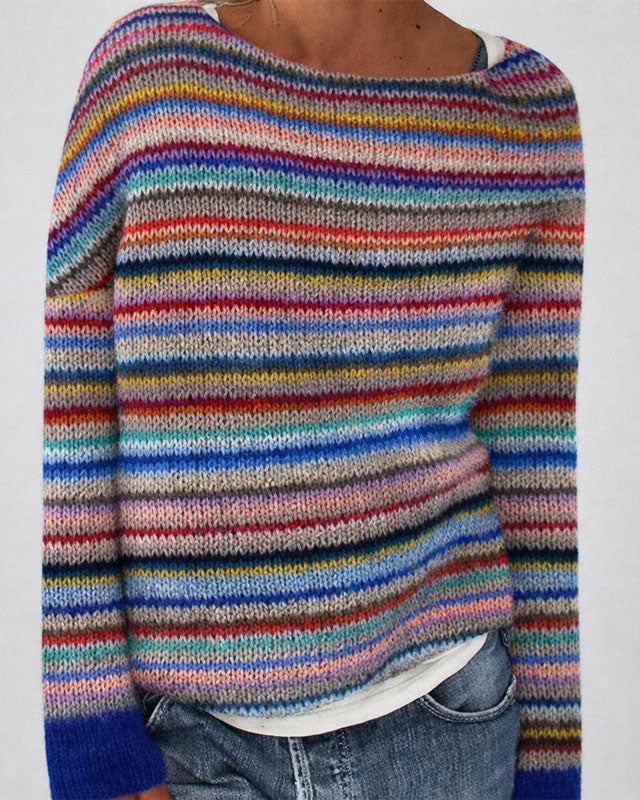 Multicolor striped knit sweater by Lumina Wear featuring relaxed fit and textured pattern, shown on a model.