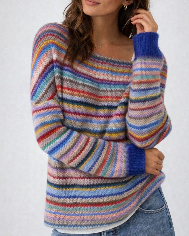 Multicolor striped knit sweater from Lumina Wear featuring a relaxed fit and textured pattern, styled with casual clothing.