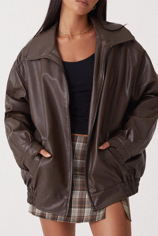 Lumina Wear Sofia oversized faux leather bomber jacket with relaxed fit, featuring a stylish collar and zip closure.
