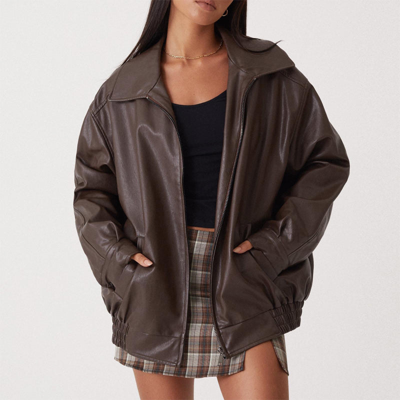 Lumina Wear Sofia oversized faux leather bomber jacket with relaxed fit, featuring a stylish collar and zip closure.