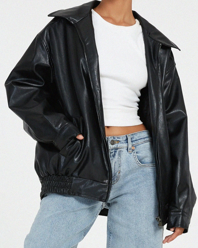 Sofia Lumina faux leather bomber jacket in oversized relaxed fit, featuring a stylish collar and zippered front.