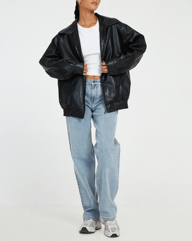 Lumina Wear Sofia oversized faux leather bomber jacket with relaxed fit, featuring a stylish collar and zip closure.