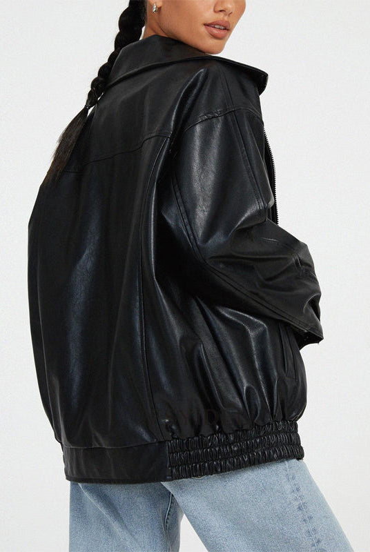 Sofia oversized faux leather bomber jacket by Lumina Wear, relaxed fit with stylish details, shown on a model.