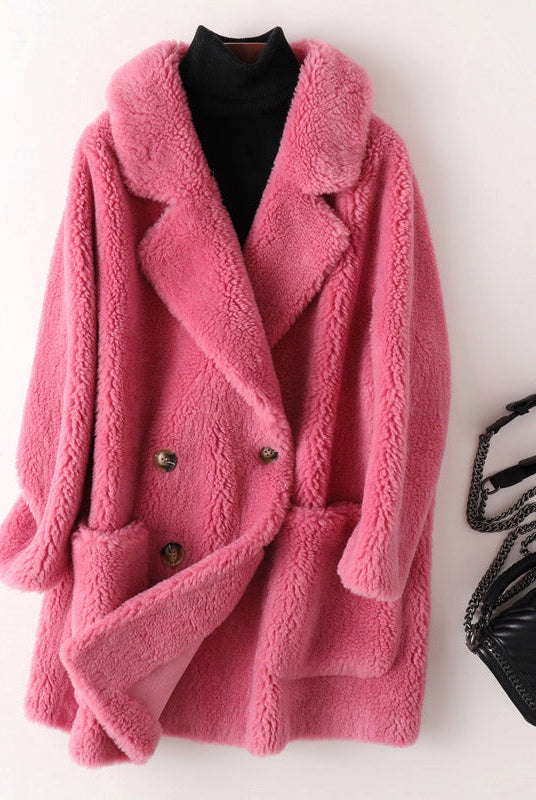 Sofia oversized textured shearling winter coat with wide lapels by Lumina Wear, featuring a plush, cozy design and stylish silhouette.