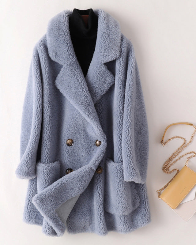 Lumina Wear Sofia oversized textured shearling winter coat with wide lapels, soft warm fabric, and stylish design.