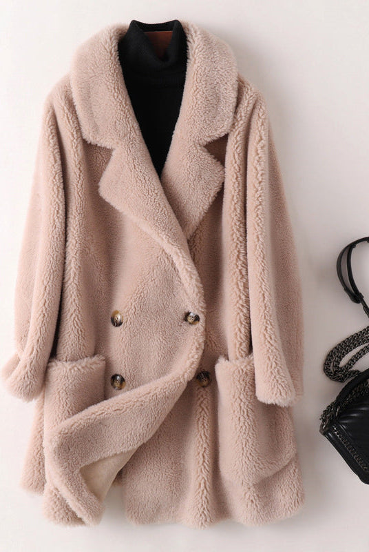 Sofia oversized textured shearling winter coat with wide lapels by Lumina Wear, showcasing a plush, warm outerwear design.