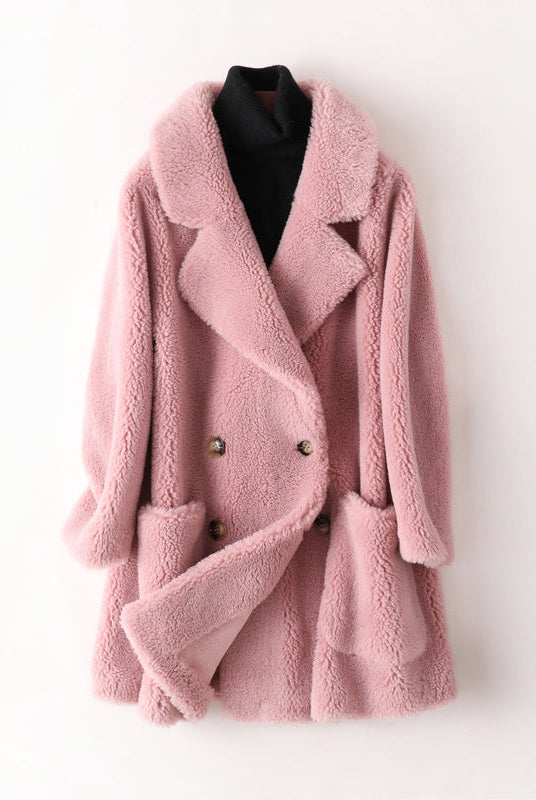 Sofia oversized textured shearling winter coat with wide lapels by Lumina Wear, showcasing a warm, plush shearling interior and stylish design.