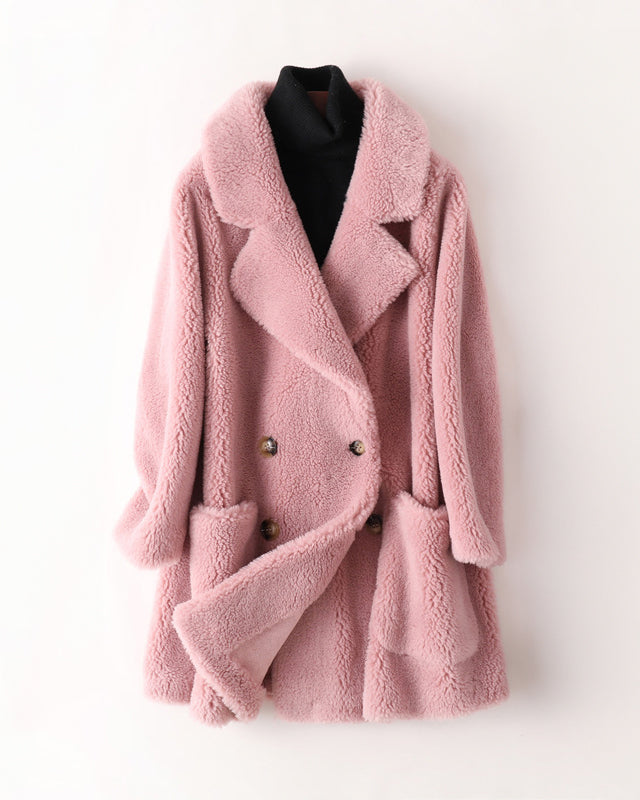 Sofia oversized textured shearling winter coat with wide lapels by Lumina Wear, shown in a cozy, plush fabric with stylish design details.
