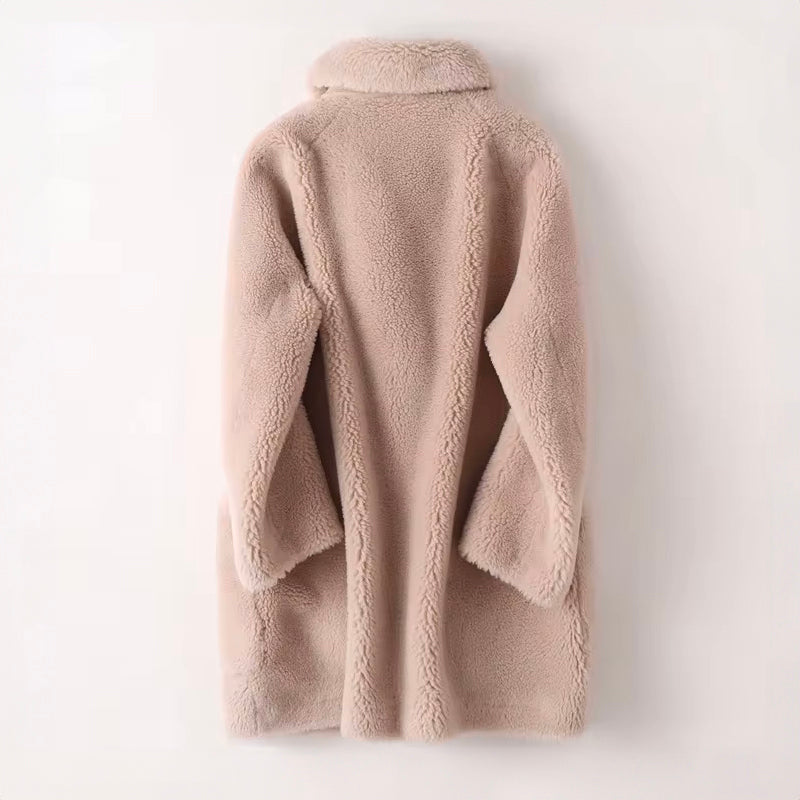 Lumina Wear Sofia oversized textured shearling winter coat with wide lapels, cozy and stylish for cold weather.