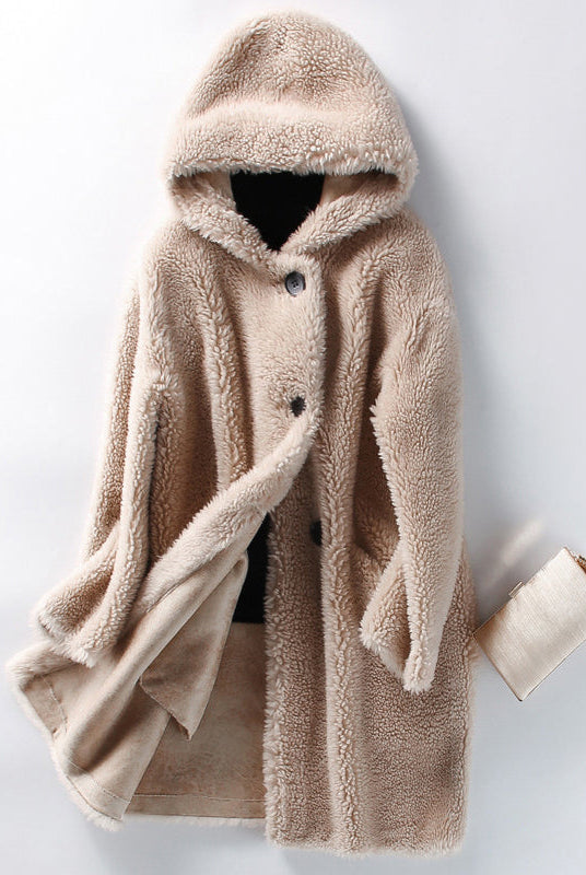 Lumina Wear Sofia plush oversized teddy coat with hood, large buttons, cozy fit, perfect for women's winter outerwear.